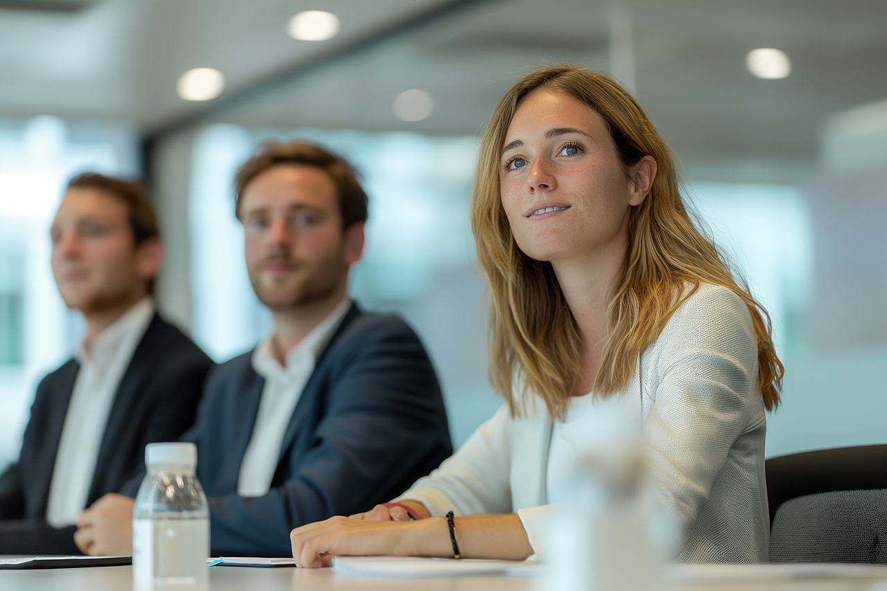 Woman and two men looking at the same direction.